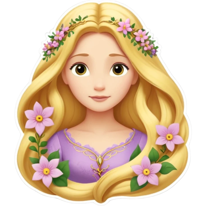 “Poster-style sticker, pastel green background. In the center: Rapunzel with long golden hair and flowers. On top: TAURUS. Below in cursive: ‘Nature’s Princess’. At the bottom: ‘Grounded, loving, graceful.’ 🌿🌸✨”high quality emoji