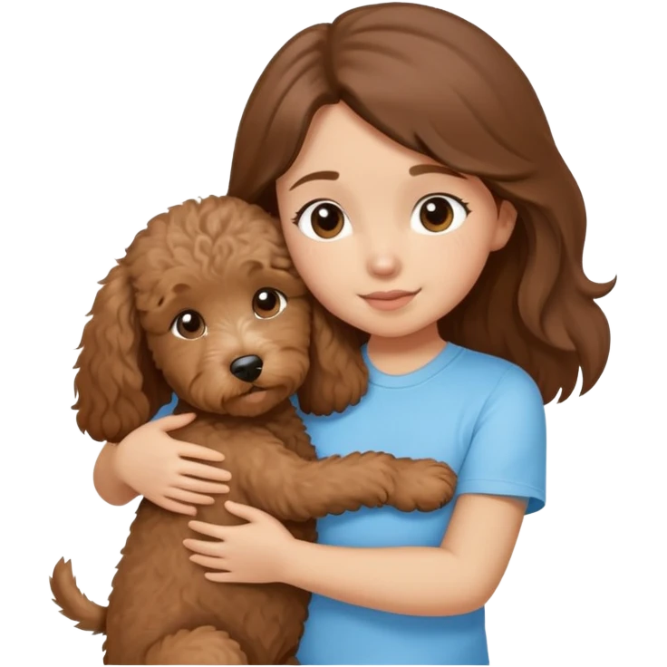 One girl with medium long brown hair dressing baby blue T-shirt, hugging One little brown coated labradoodle. emoji