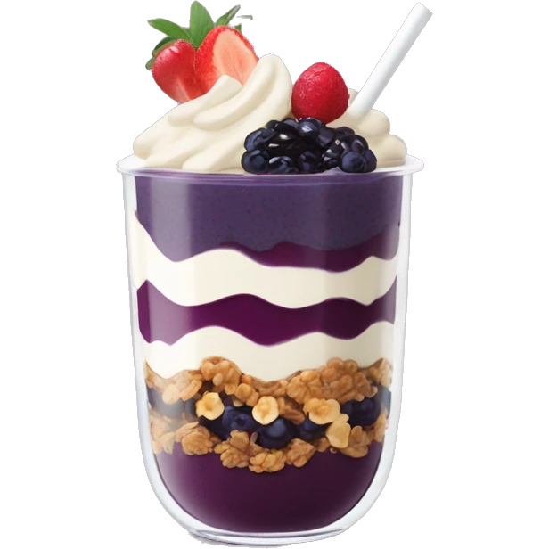 Açaí in a clear cup with layers of fruits and granola and condensed milk emoji