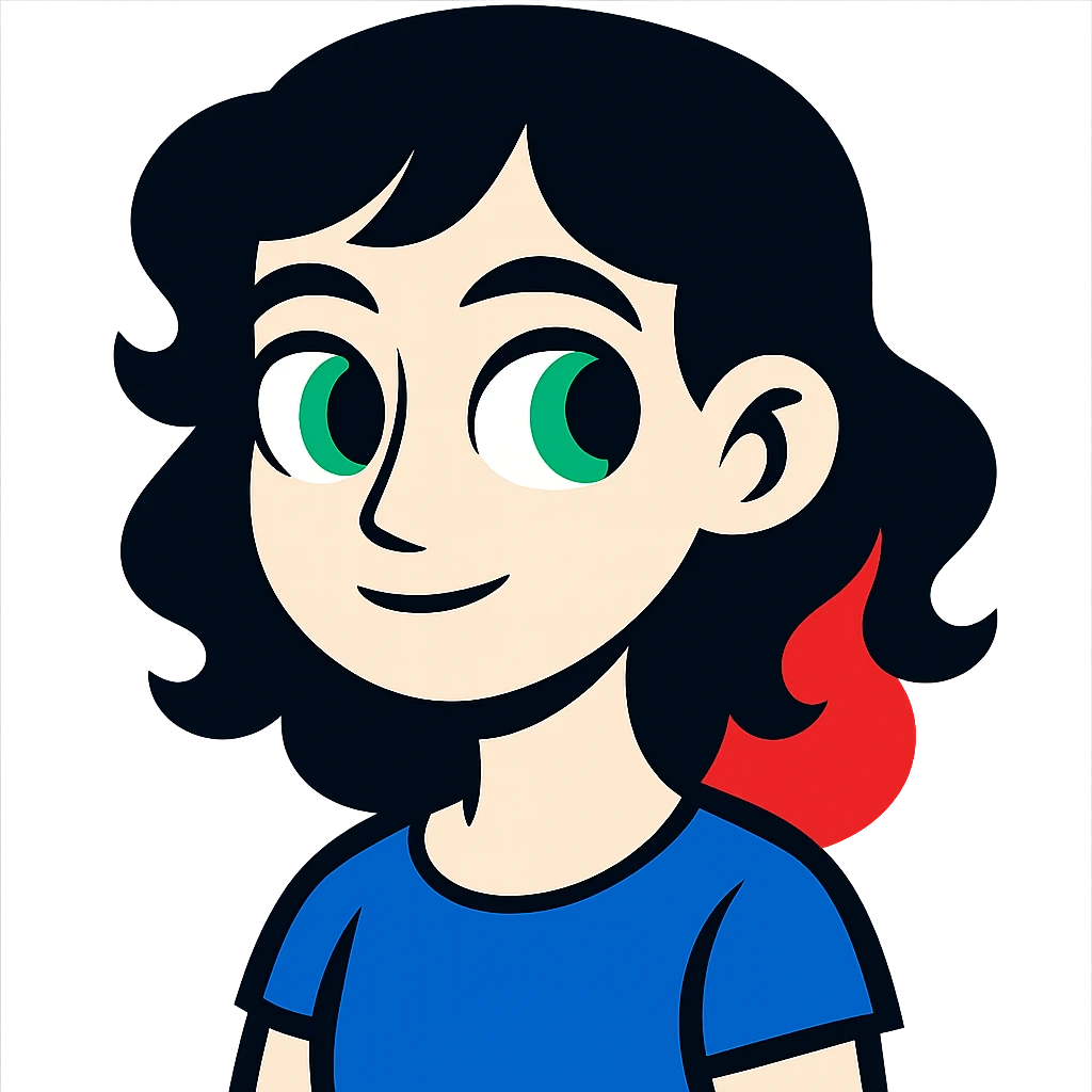 girl with green eyes, white skin, wavy black hair, red hair at the back of her neck emoji