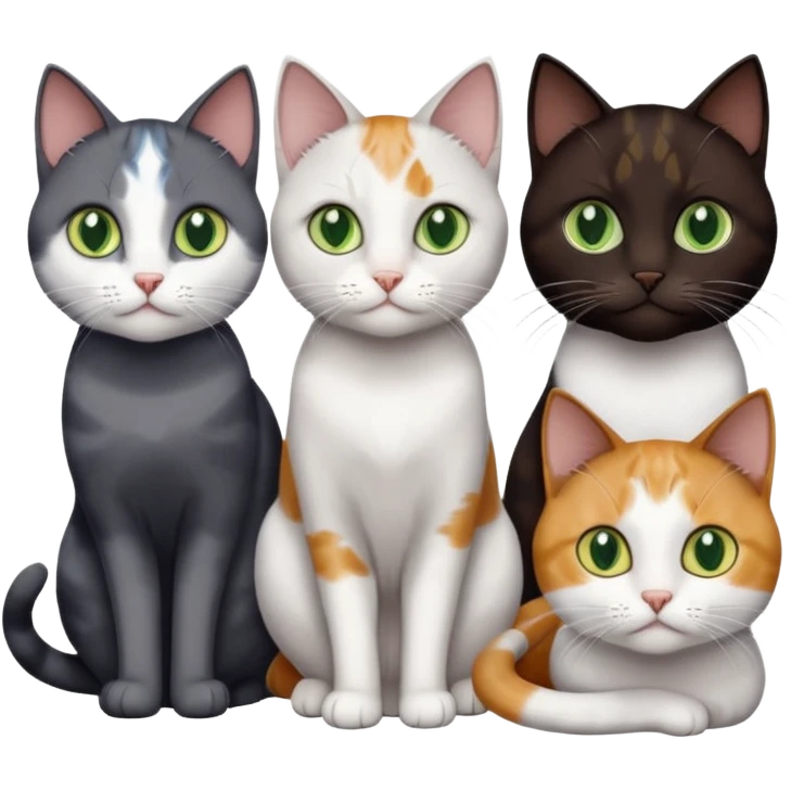 4 different coloured short haired cats including; a dark brown and white cat, and a dark grey and white, and a calico emoji