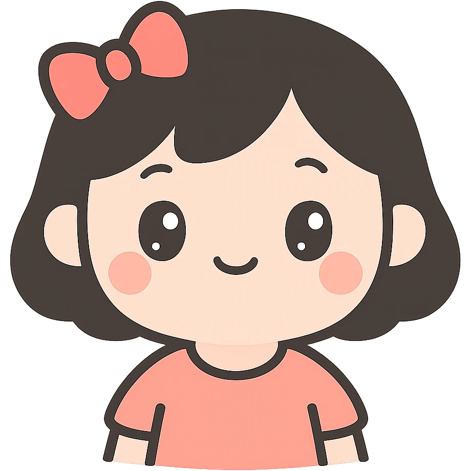 girl with white skin, short black hair, and a red bow, kawaii style emoji