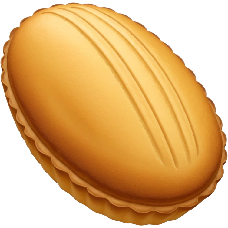 A madeleine pastry. Oval shaped with vertical lines going in the same direction as the oval. Light golden brown. Scalloped edge. Cookie. emoji