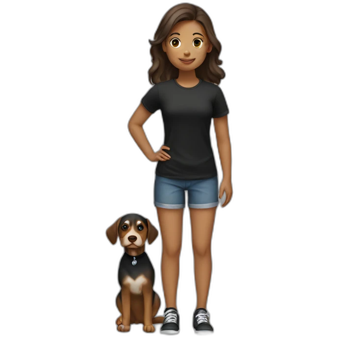 a girl with black t-shirt and holding a dog emoji