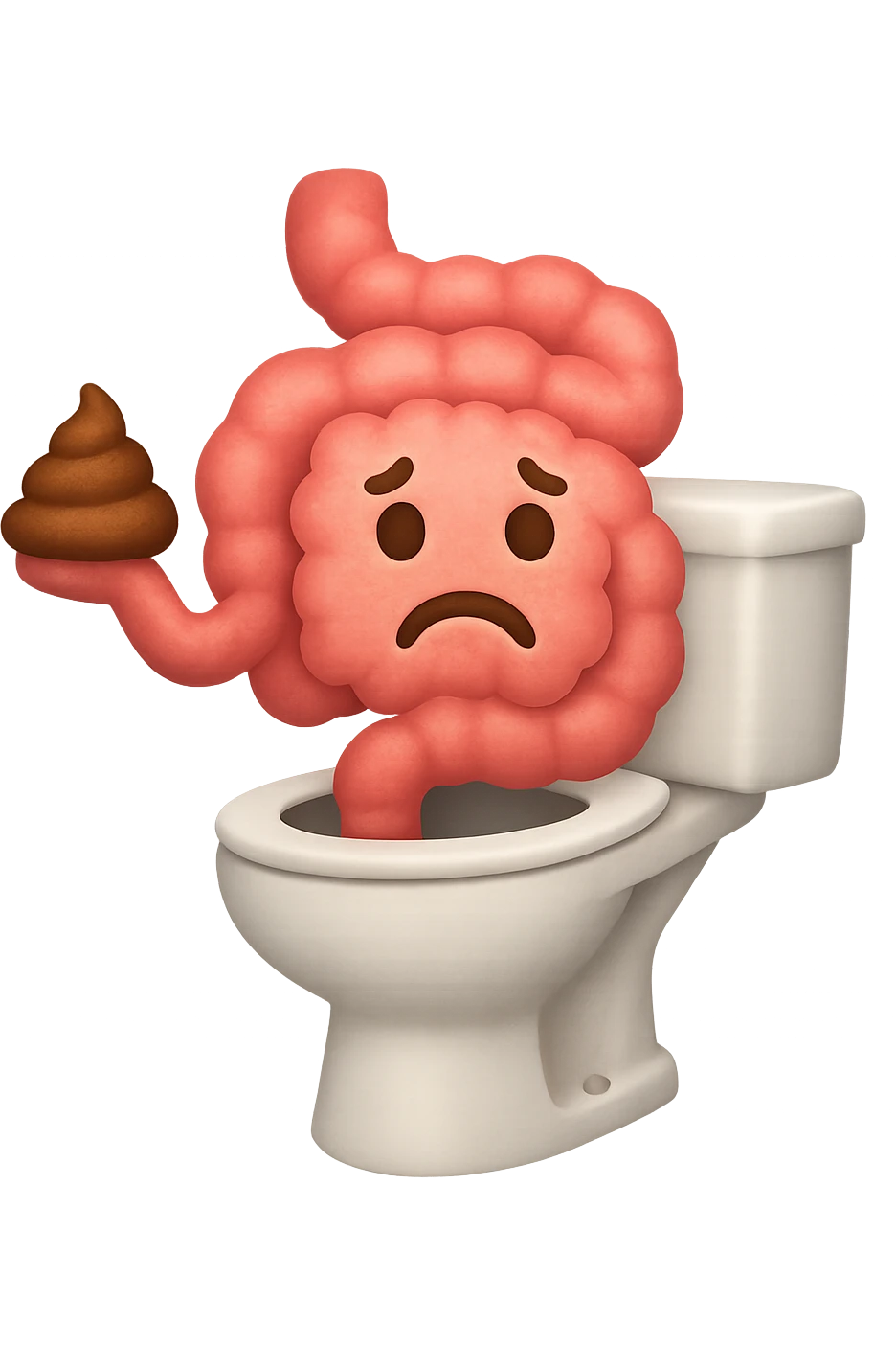emoji stile iphone di un intestino che esce dal wc con in mano una montagnetta di feci con espressione triste a palline emoji