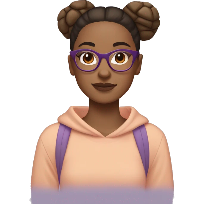girl with tortoise shell square glasses, straight brown hair in a low bun, peach skin, and beige and purple sweatshirt emoji