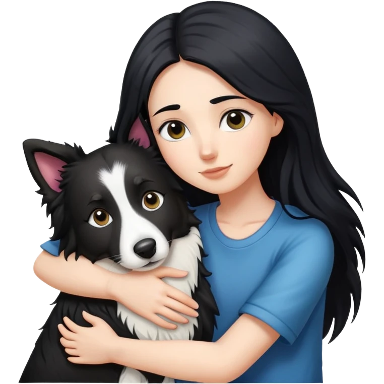 A white girl with long black  hair tightly hugged a Border Collie emoji