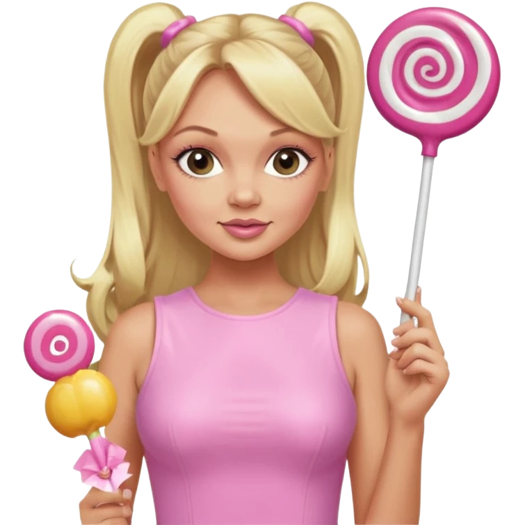 Emma Bunton with long blonde ponytails wearing light pink bodycon dress holding a lollipop emoji