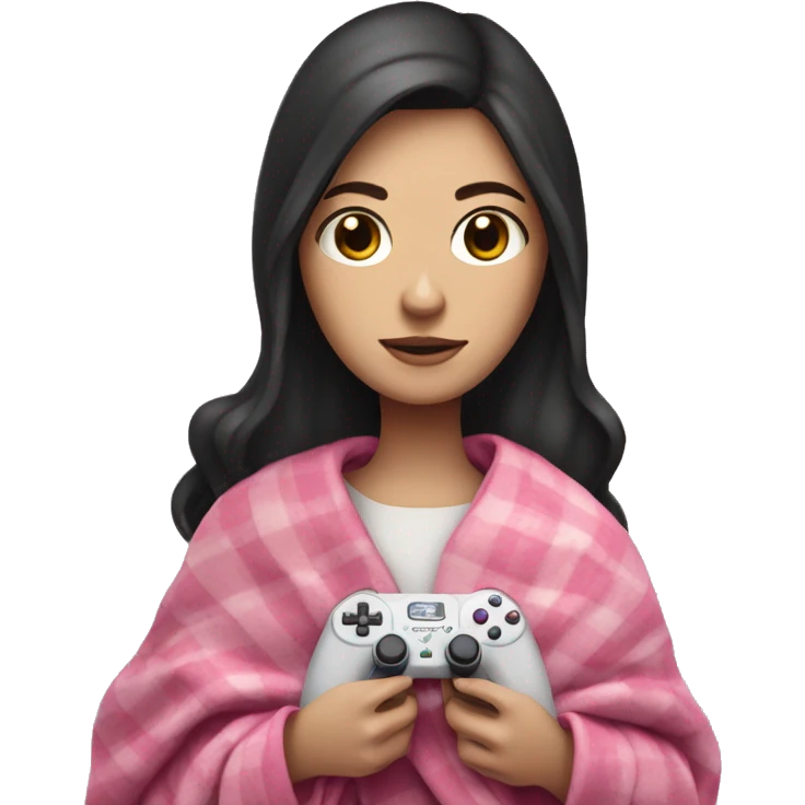 White girl with dark hair wrapped up in a blanket with a pink gaming controller in her hands emoji