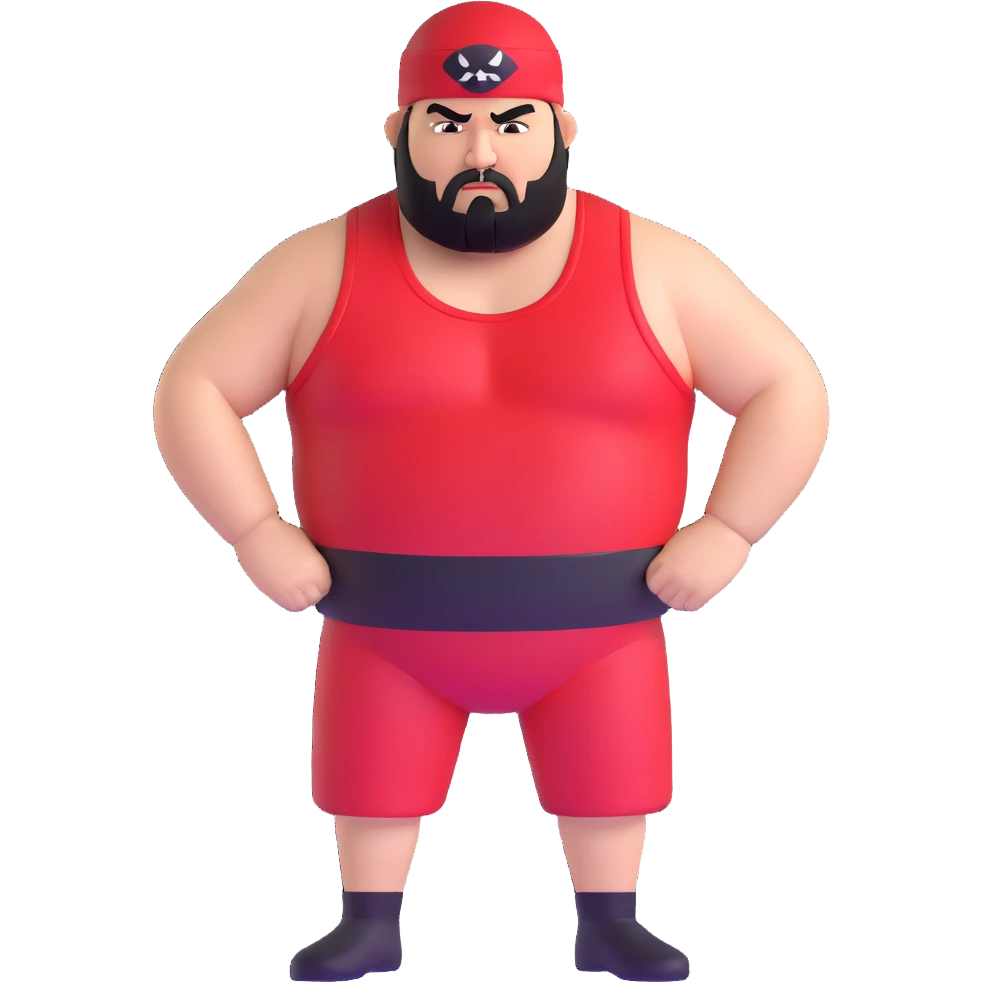 White skin fat guy with prominent black durag, short black beard, black eyes in a red and black wrestling singlet with angry face emoji