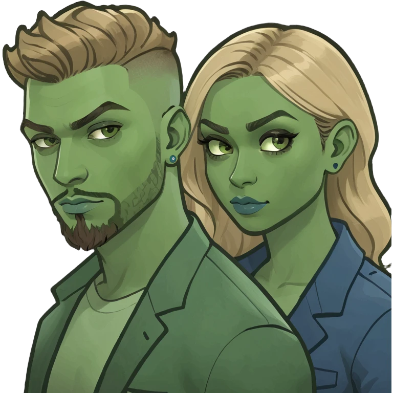 A light skinned gangster couple, both blue eyes. She has blond brown balayage and he has brown hair and a very short beard  emoji