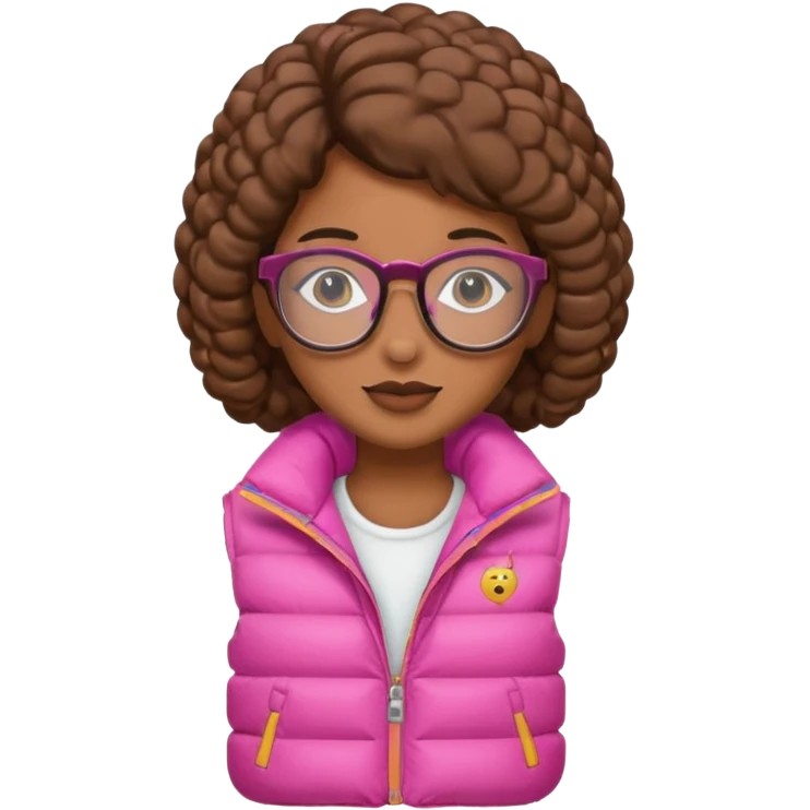 brown skin woman with glasses pink puffer vest emoji