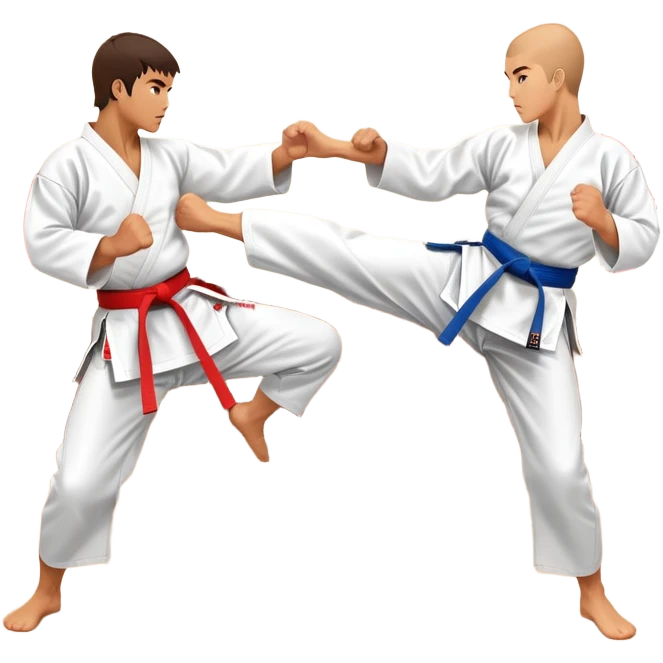 Two karate fighters in traditional gi sparring. One executes a high kick aimed at the opponent’s head, while the other blocks with a strong hand defense. The background features a classic dojo with wooden flooring and banners. Dynamic motion and focused expressions. Transparent background. emoji