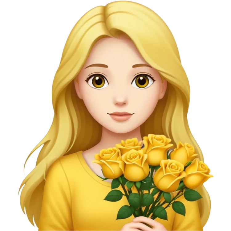 Beautiful girl with long hair holding a bouquet of yellow roses emoji