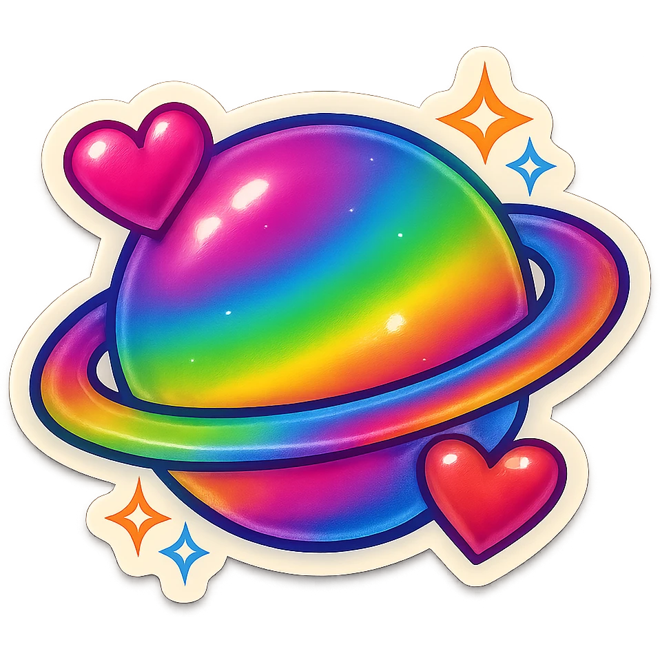 Planet with rainbow gradients, hearts, and sparkly details, Lisa Frank style, emoji emoji
