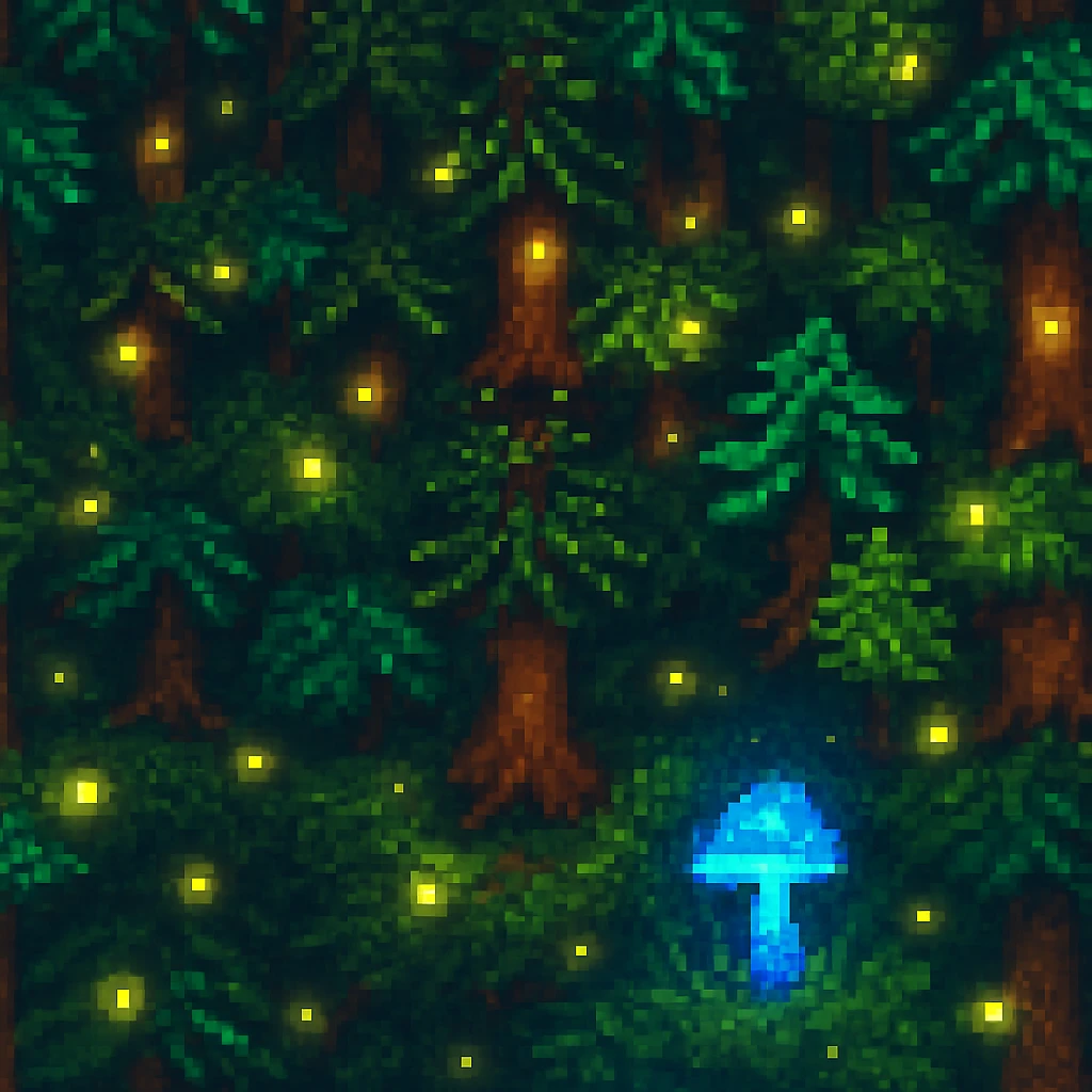 Add glowing fireflies in the pixel art forest background with the bioluminescent mushroom. Keep the pixel art style and add subtle glowing effects to the fireflies to enhance the mystical ambiance. emoji
