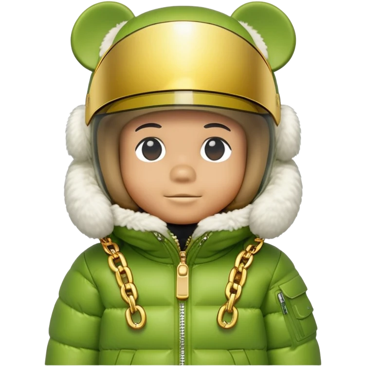 bearbrick with lime balaclava and logo tags, wearing large mirrored monolens ski visor shield covering entire upper face like sports goggles, puffy jacket with fur trim, gold chains emoji