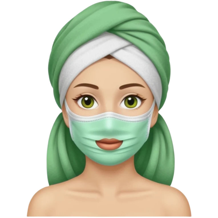 Una mujer con una toalla reliada en la cabeza y una mascarilla de belleza  emoji