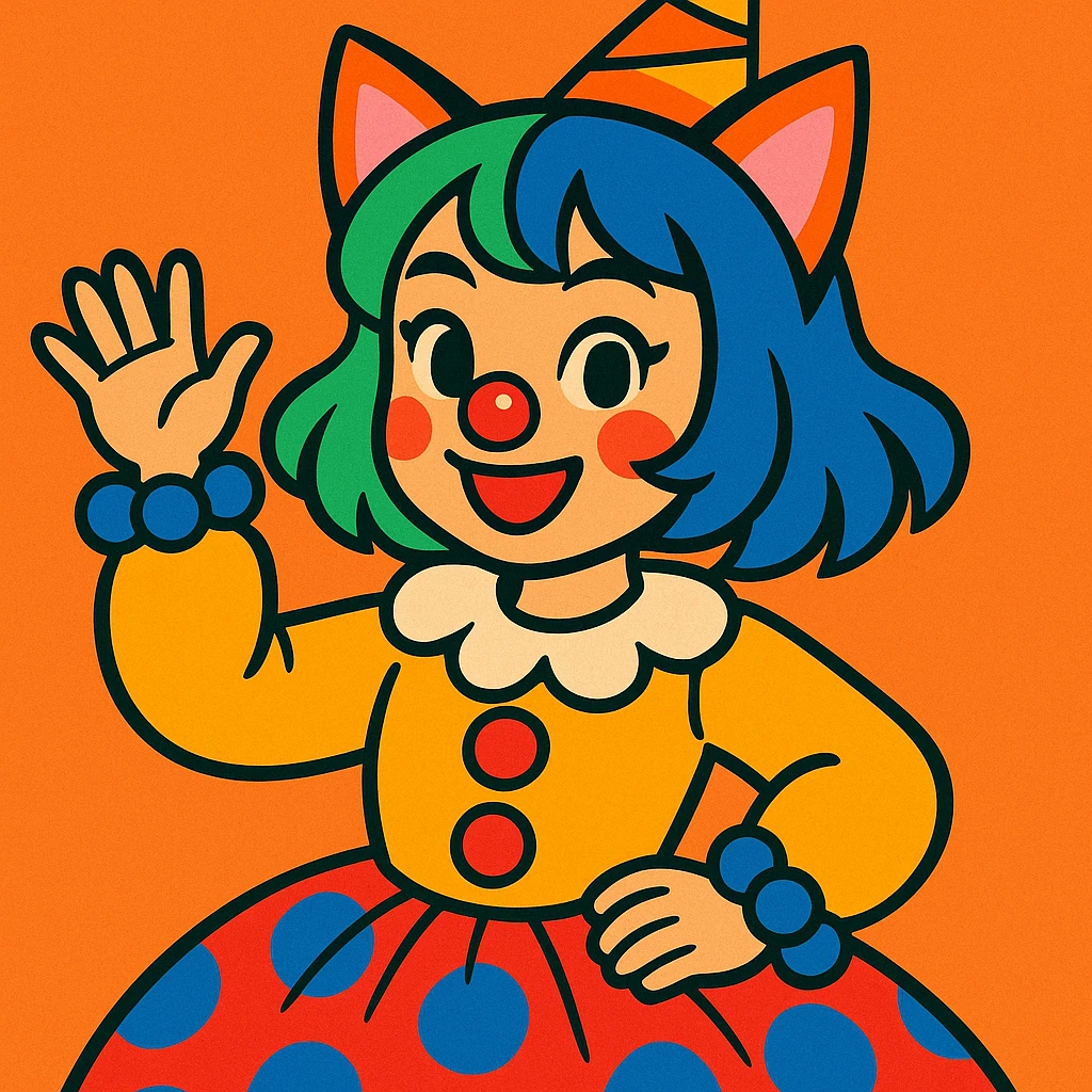 asian girl with cat ears, dressed like a clown, green and blue colored hair, vibrant cartoon style emoji