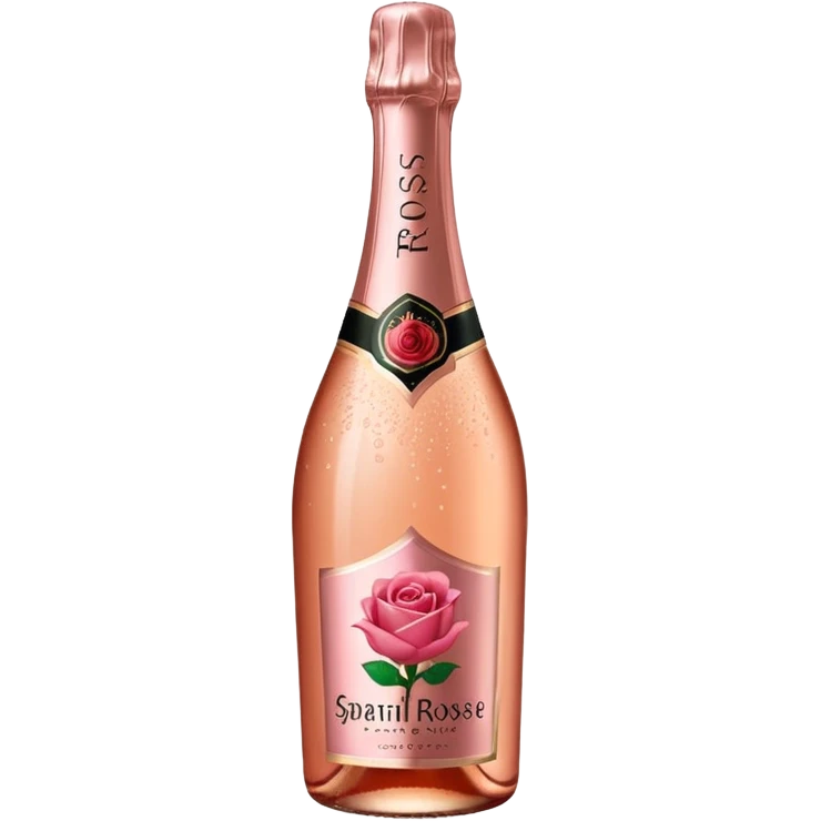 bottle of sparkling rosé champagne with a rose logo on the label, tilted up and to the left, no glass emoji