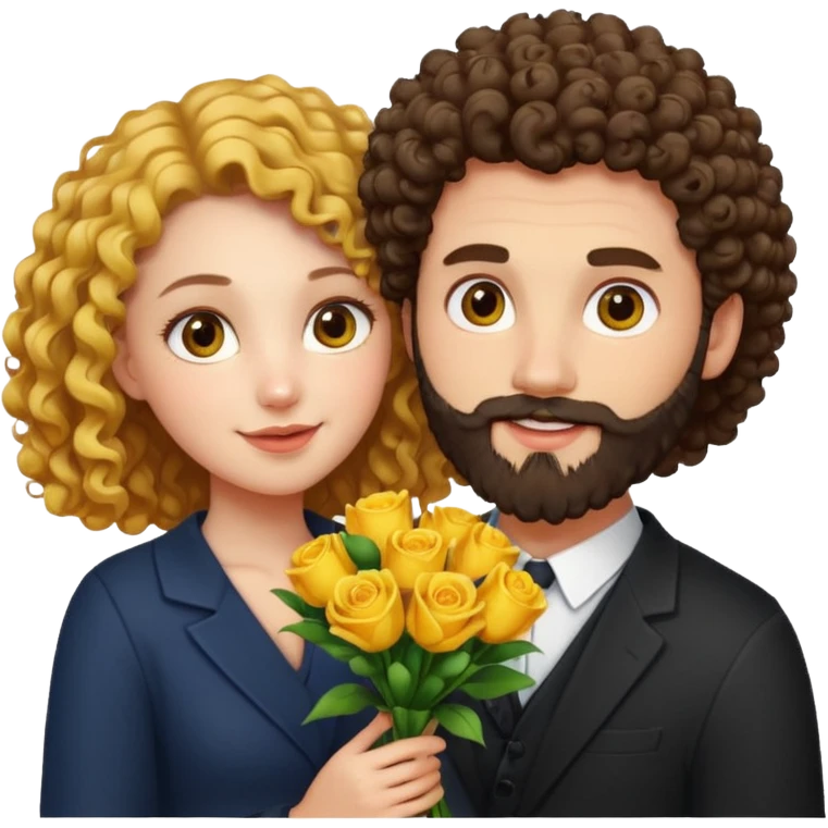 curly haired girl with yellow eyes and hair parted from the right side, next to a handsome bearded man holding a bouquet, playful emoji