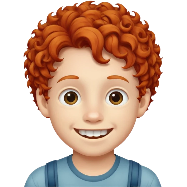 redhead kid with unique face features and very curly hair kid boy happy and braces on teeth emoji