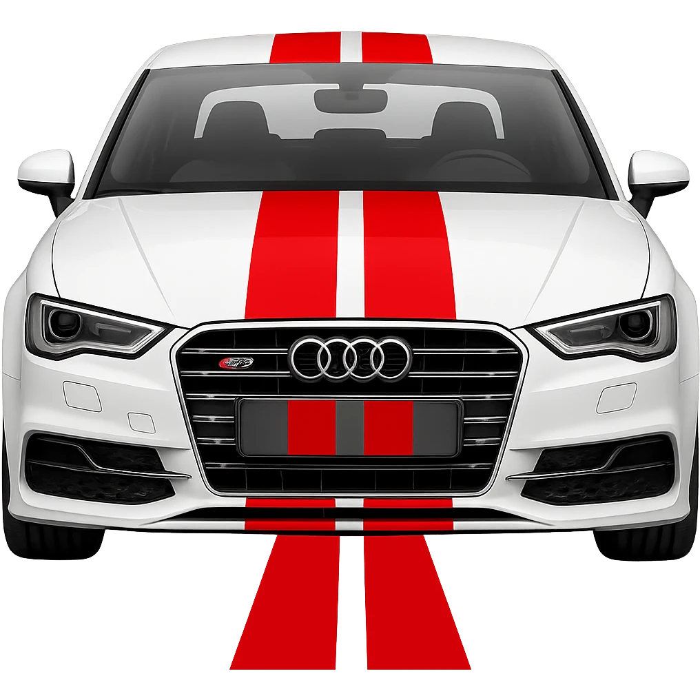 Add bold racing stripes to the white Audi S3 8V. Keep the background transparent. Maintain the car's original style and details. emoji