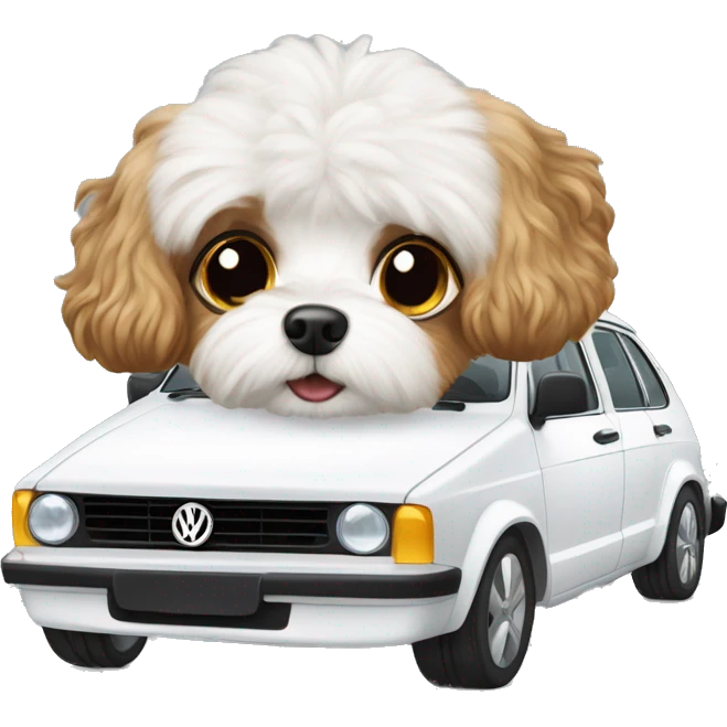 cavoodle driving white volkswagen passat emoji