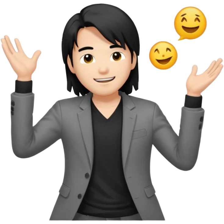 asian young man with long black hair falling on the forehead in grey blazer and black t-shirt smiling  emoji