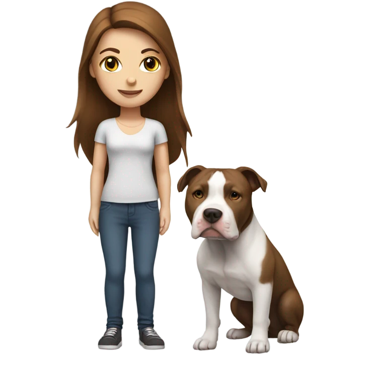 white woman with straight long brown hair standing alongside a white pitbull emoji