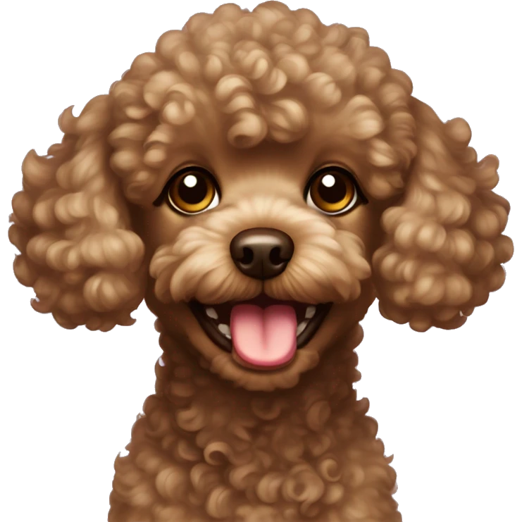 Toy poodle, smiling, curly hair in face, dark brown, tongue inside  emoji