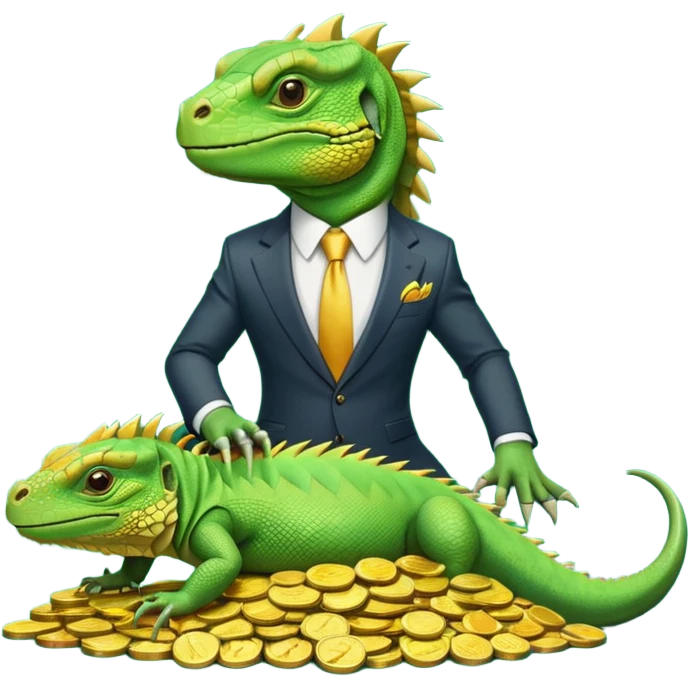 capitalist iguana in suit lying on coins emoji