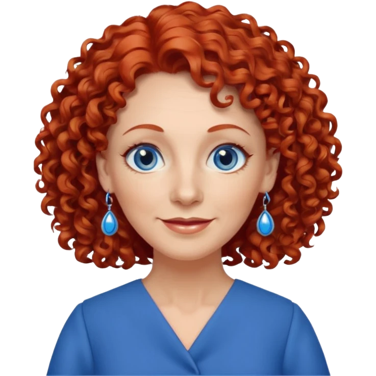 una profesora mayor simpática con el pelo rojo rizado, ojos azules, vestido azul y pendientes azules emoji