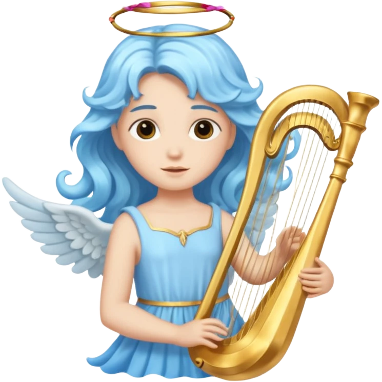 A serene angel with pastel-blue waves of hair, carrying a golden harp.








 emoji