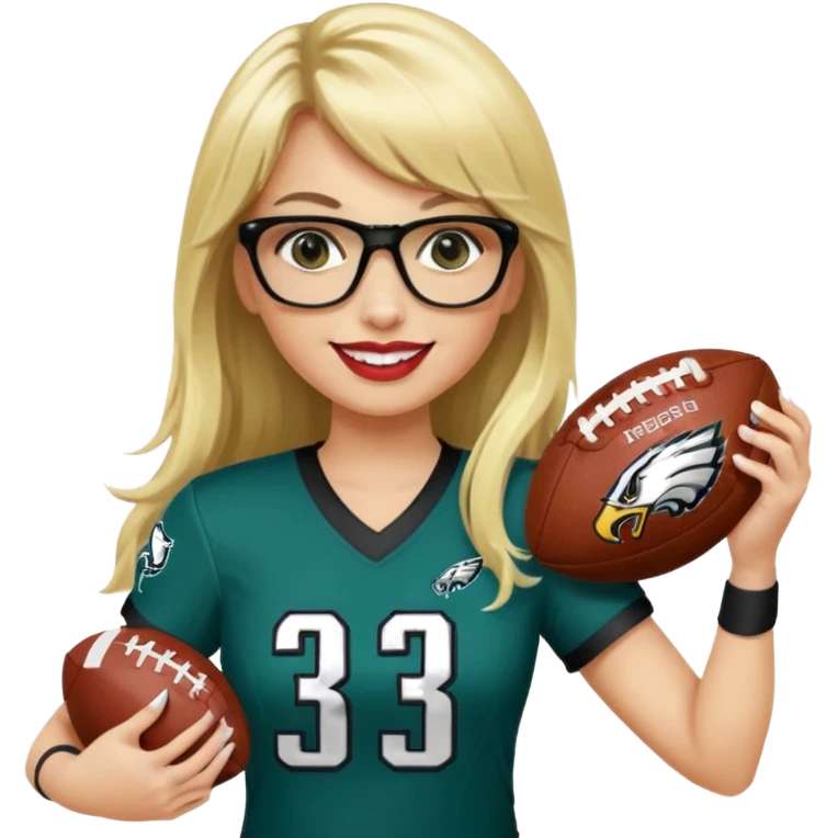 full length women wearing eagles uniform, long blonde hair, even bangs, black glasses, holding football, number 33, smiling, lipstick emoji