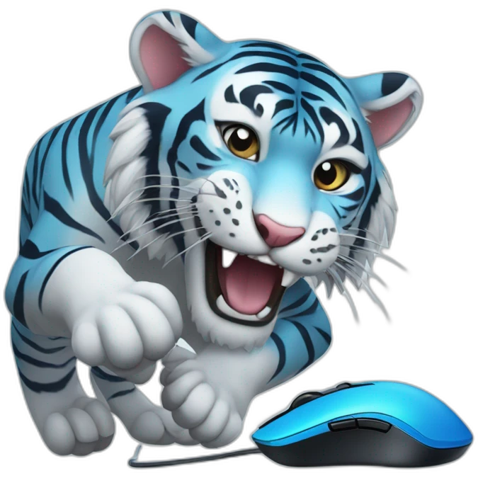 A blue tiger playing with a gaming mouse emoji
