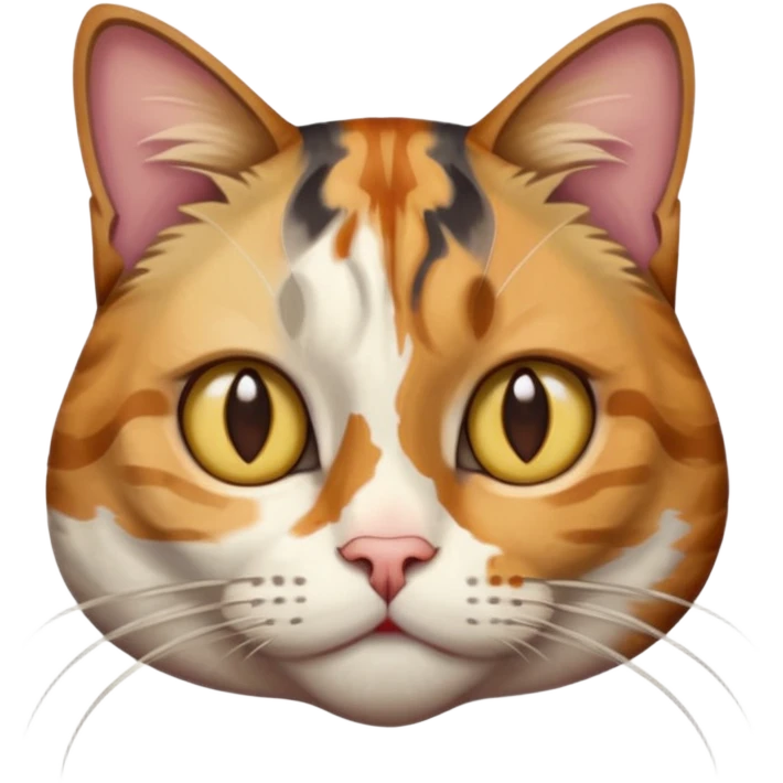 full body anxious looking colourful light calico tabby cat with hazel eyes  and half of face in brown tabby emoji