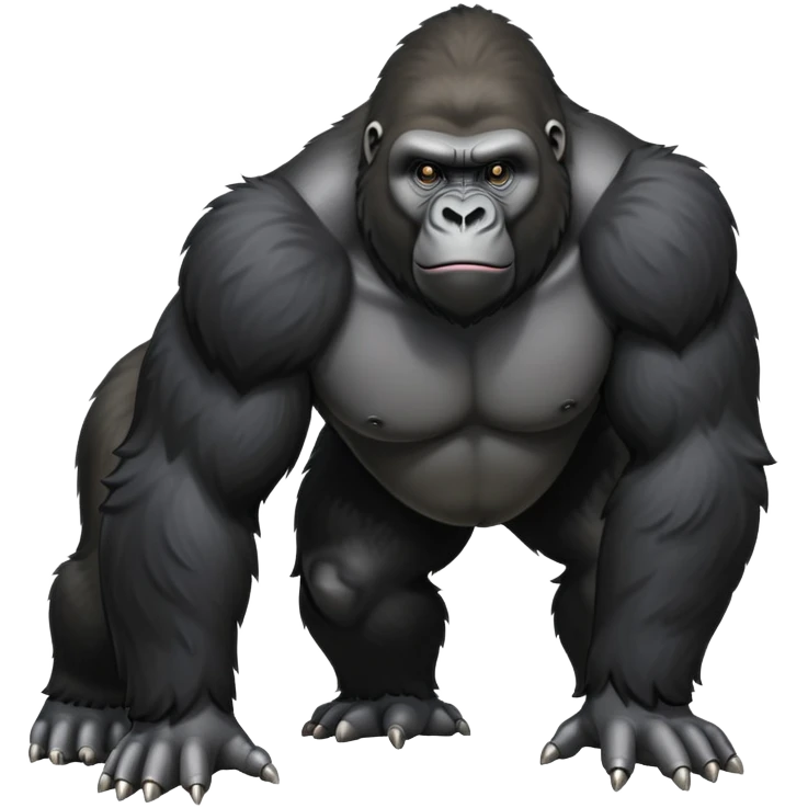 cinematic-gorilla-realistic-full-body-standing on all fours-emoji,-broad-and-powerful-frame-poised-with-confidence,-massive-arms-hanging-slightly-forward,-head-tilted-thoughtfully,-thick-black-fur,-deep-dark-eyes-full-of-intelligence,-simplified-yet-realistic emoji