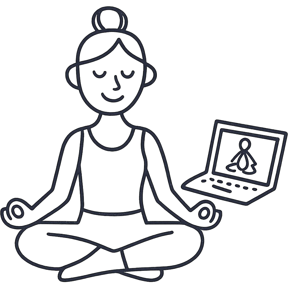hand-drawn outlined icon of a yoga teacher with a laptop emoji