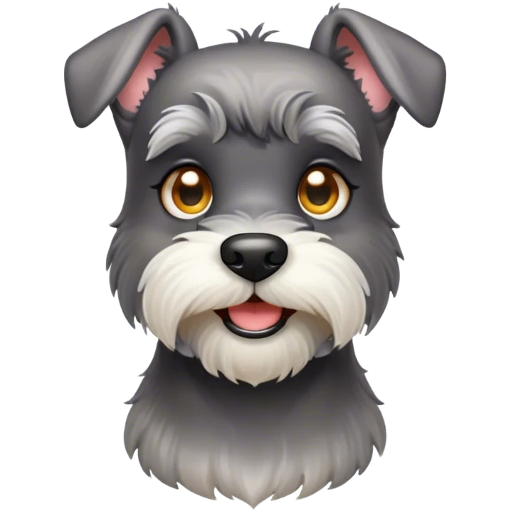 Cinematic Cute Miniature Schnauzer Portrait Emoji, Head cheerfully cocked with expressive, twinkling eyes and a neatly trimmed, adorable salt-and-pepper fur, simplified yet endearingly detailed, glowing with a bright, friendly radiance, high shine, exuding smart and spunky charm, styled with a delicate, whimsical outline, capturing the essence of a cute Miniature Schnauzer that appears ready to scamper off the screen with delightful energy! emoji