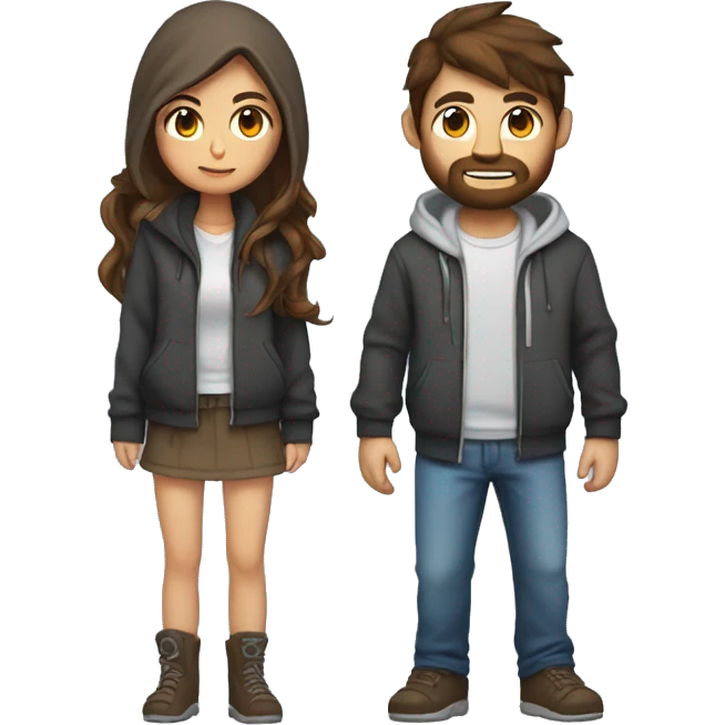 Female girl with long brown hair in hoodie gaming with male guy short brown hair and scruff with gamer controller emoji