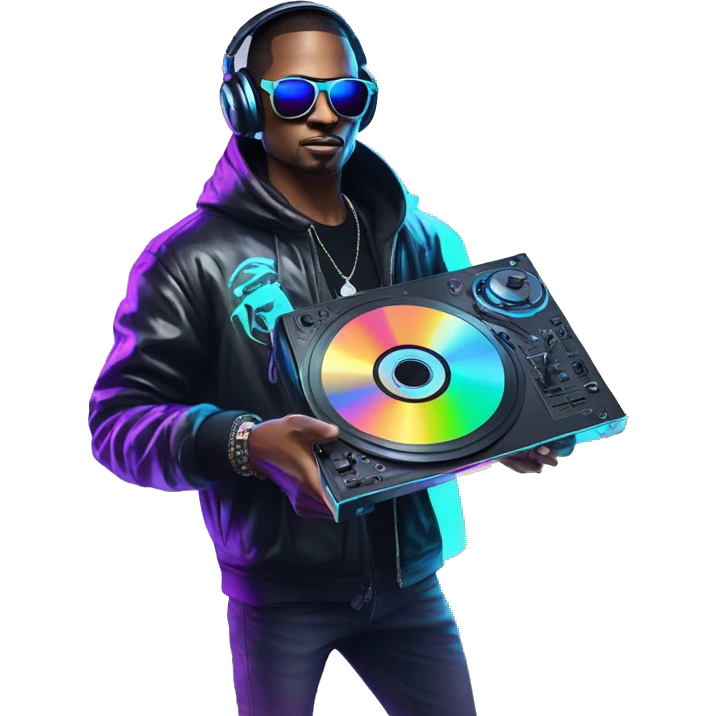 A dj wearing sunglasses playing music holding a cd record record, vinyl, oilslick holographic blacklight inverted graffiti dark dull emoji