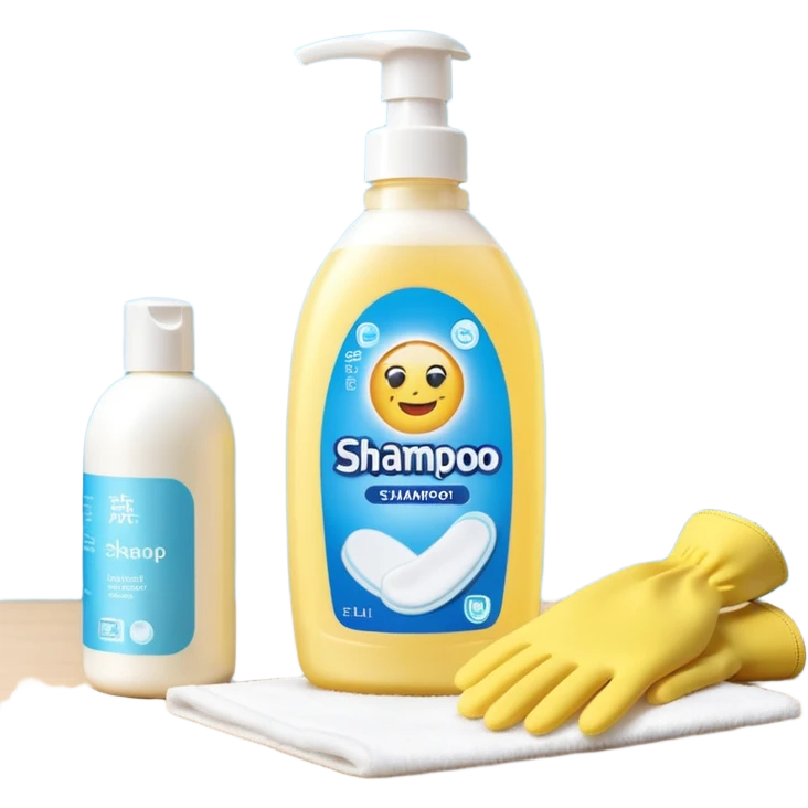 emoji of big (1L) bottle of shampoo, disposable gloves and cotton pads (for makeup) are standing on a table, products look like its always running out, add brand labels to them, make quantity bigger , and i want to see more disposable products, without faces emoji