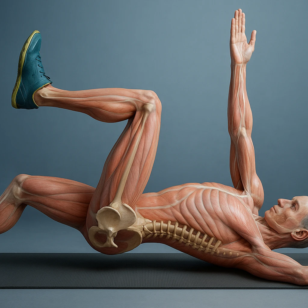 Edit the image of a man in dead bug position, side view, hyperrealistic anatomical 4K version: the arm on the ground is fully extended above the head, pelvis and spine bones visible, translucent muscles and skin, medical atmosphere, realistic anatomical details. Variant 8, slightly change the rotation of the torso. emoji