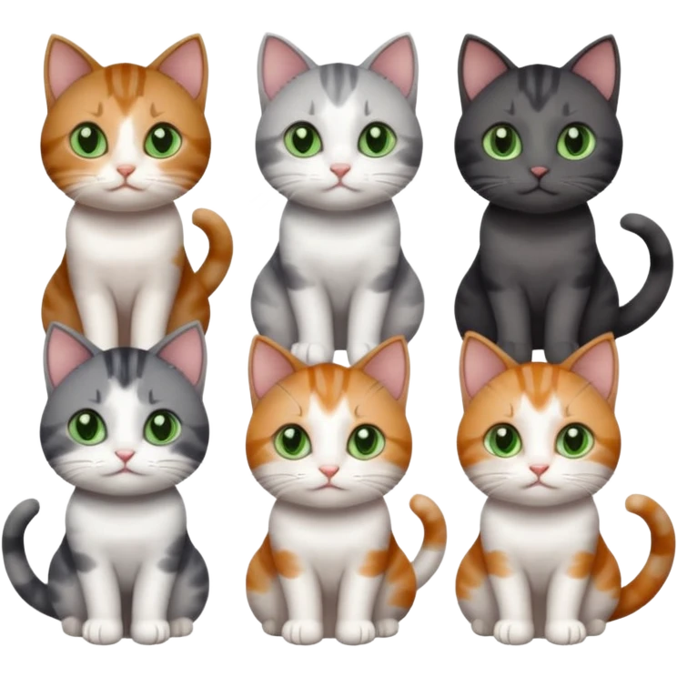 6 different coloured small cats including a dark grey and white, and a patchy calico, and a brown tabby and white,  and a completely solid dark grey with green eyes and only white paws emoji
