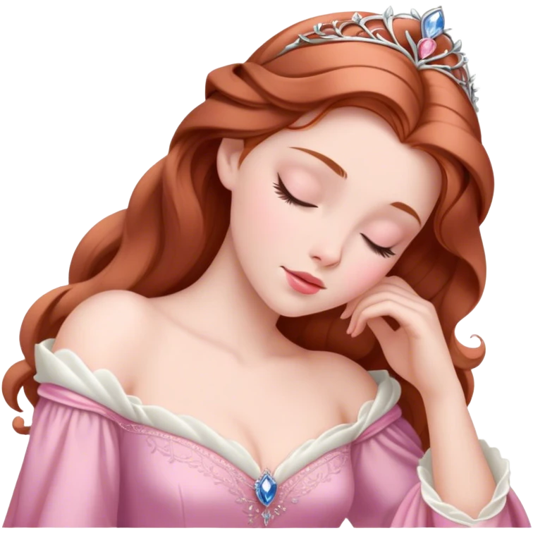 Cinematic Elegant Sleeping Beauty Portrait Emoji, rendered in a realistic, vector-style with minimal shading and bold, simplified shapes. Depict Aurora (Sleeping Beauty) (chest and above) with delicate porcelain skin, soft auburn hair styled gracefully, and gentle, dreamy eyes, dressed in her classic pink gown. The image glows with a soft, enchanting radiance and high shine, capturing timeless regal beauty. emoji
