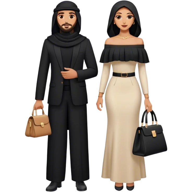 An Arab couple the Lebanese man dressed in all black, and the Palestinian woman in an elegant off-shoulder cream-colored outfit with a matching handbag. emoji