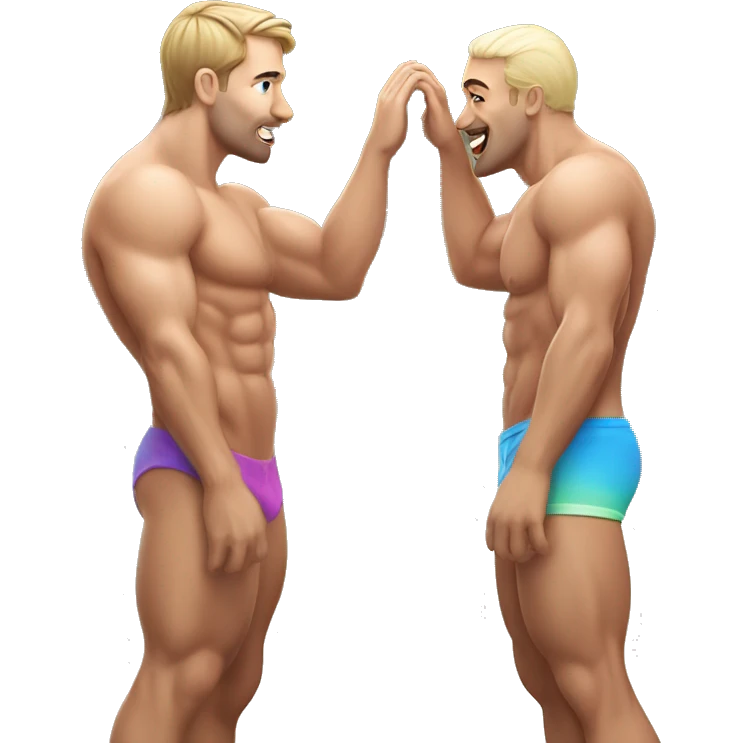 Caucasian Muscular gay men kissing wearing bikini emoji