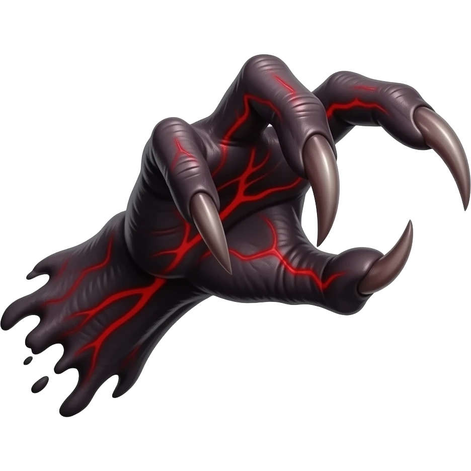 Long dark Demonic hand with sharp claws. Make the hand reach out to attack and slash towards the right of the image violently. Shift the perspective to a side profile to show the curvature and length of the claws more clearly. emoji