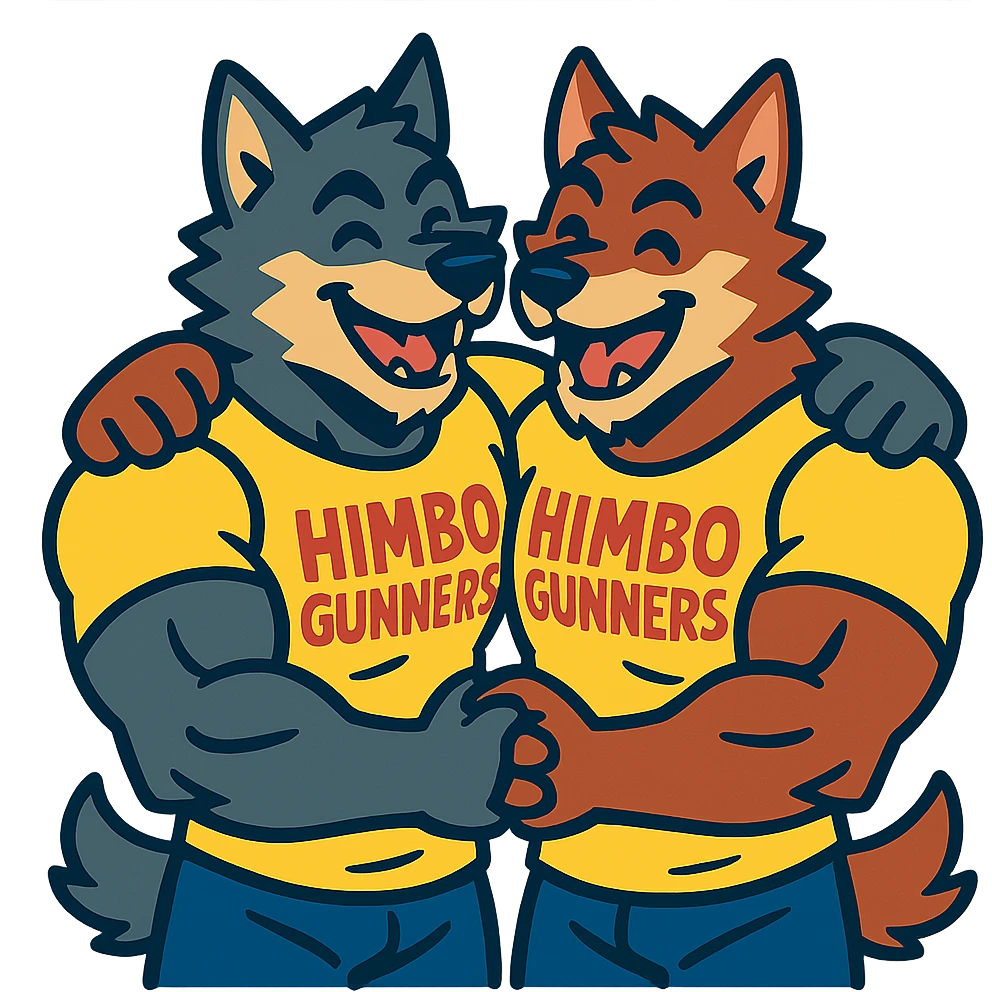 pair of muscular wolf furries wearing 'Himbo gunners' t-shirts, hugging, cheerful and energetic vibe emoji
